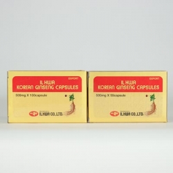 ILHWA Panax GINSENG CAPSULES in een goud doosje met rode merknaam