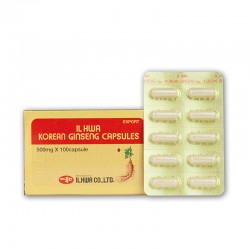 ILHWA Panax GINSENG CAPSULES in a gold box with red brand name and a strip of capsules